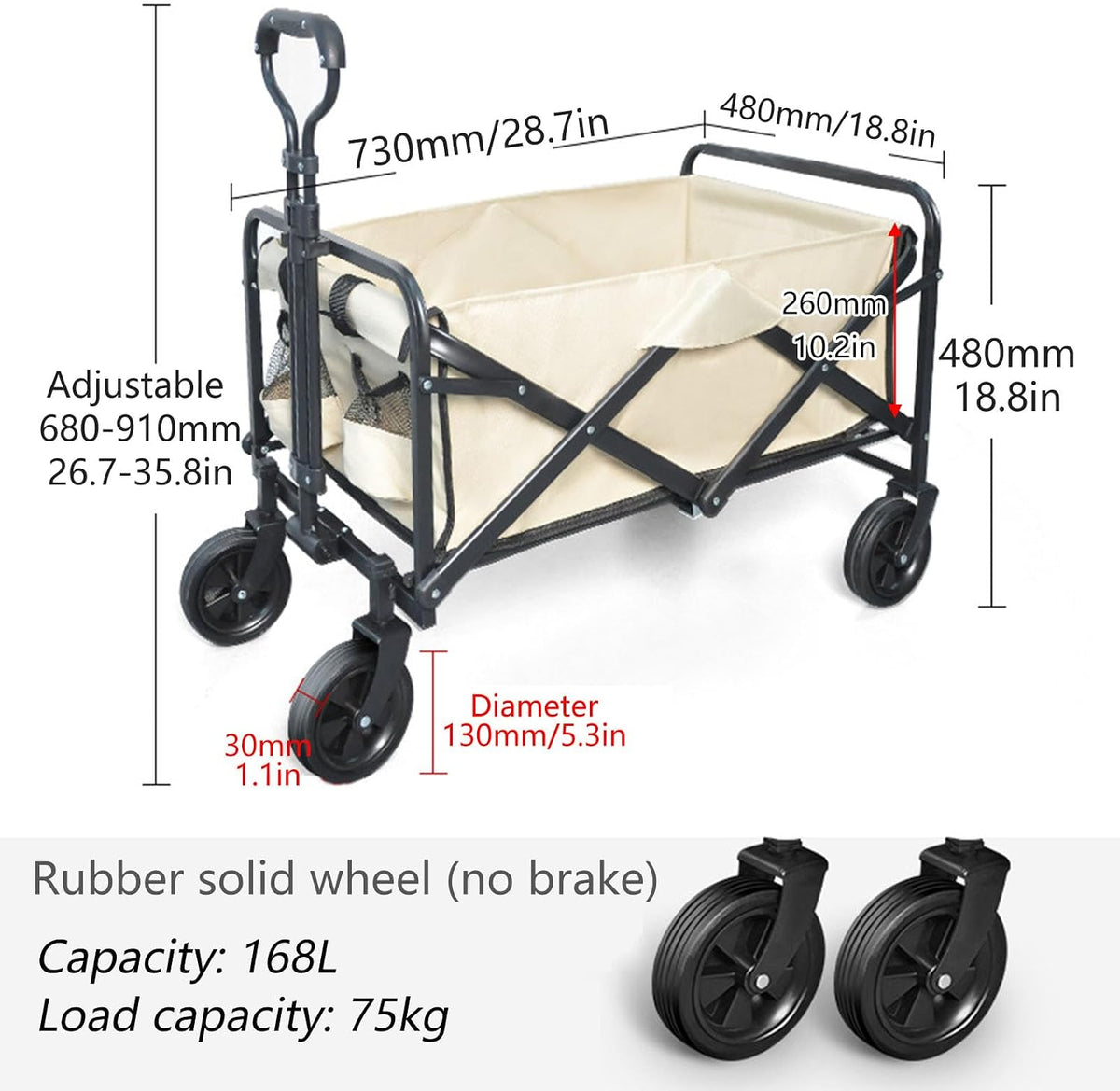 Collapsible Wagon Garden Cart,Folding Garden Carts,Beach Wagon Grocery Wagon All-Terrain Wagon Sports Beach Wagon Cart Rubber Wheel Universal Wheel Camping Cart with Folding Panels,(c) beige
