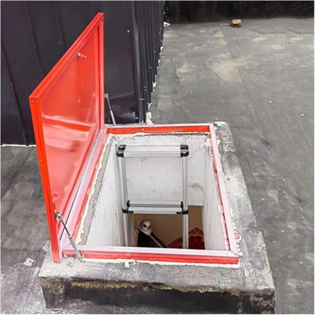 Outdoor Metal Attic Skylight Lids, Red Rectangular Basement Exit Covers with Hasp Latch Gas Shock Strut, Heavy Duty Rooftop Hatch Cover Plate
