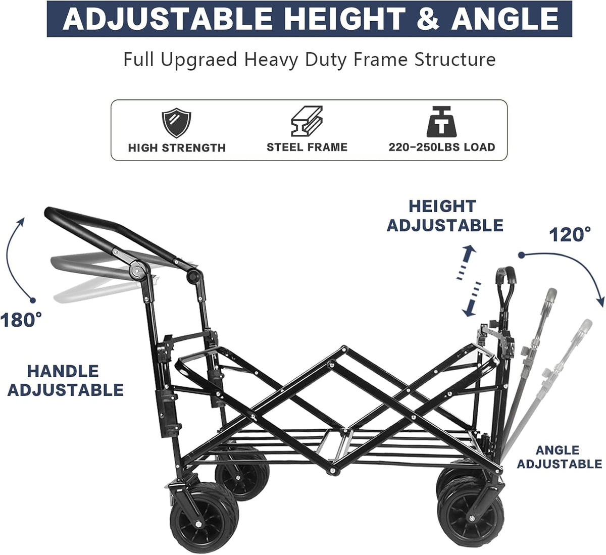 Collapsible Wagon Cart with Removable Canopy, Heavy Duty Foldable Wagon with 4' Large All Terrain Wheels, Brake, Cooler Bag, Adjustable Handles for Garden Beach Sports (Black Gray)