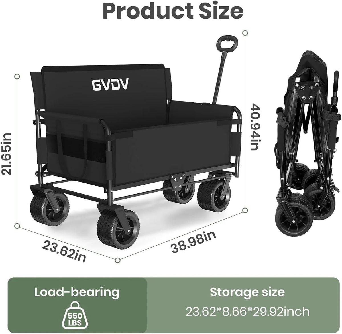 GVDV 550lbs Heavy Duty Collapsible Wagon with Seats, 3-in-1 Folding Wagon with Bench Seat, All-Terrain Beach Cart with Big Wheels & Brakes for Sports, Camping, Fishing, Groceries