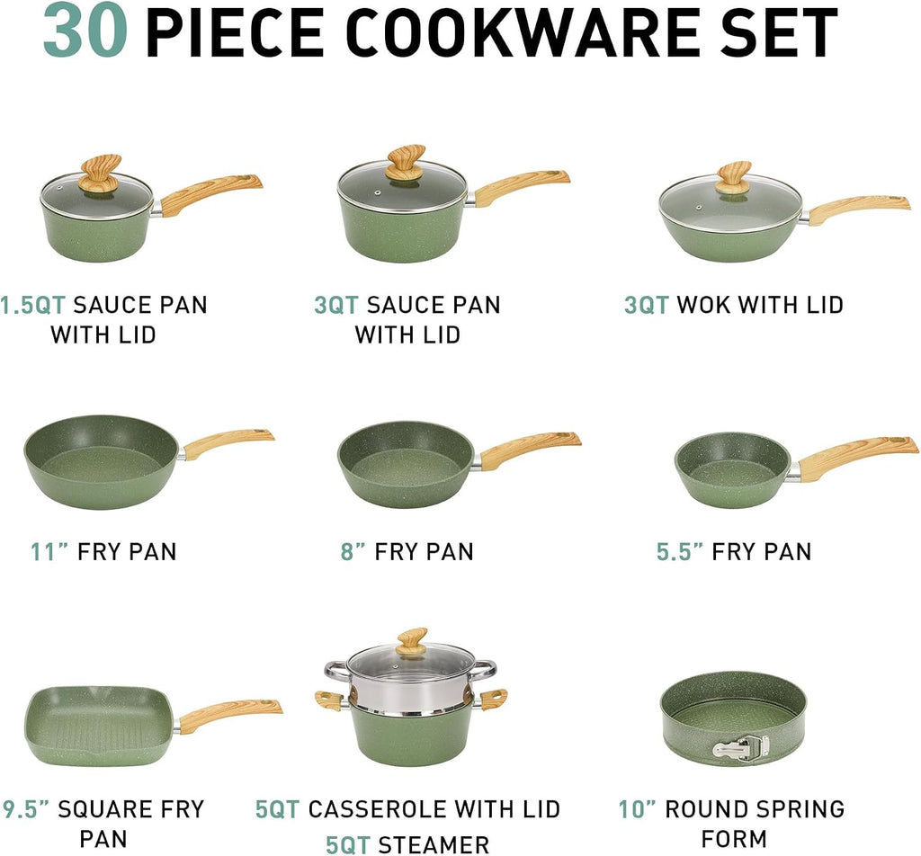 MAISON ARTS 30 Piece Pots and Pans Set Non Stick, Kitchen Cookware & Bakeware Sets with Nonstick Granite Coating, Baking Tray, Frying Pan and Saucepan, Green