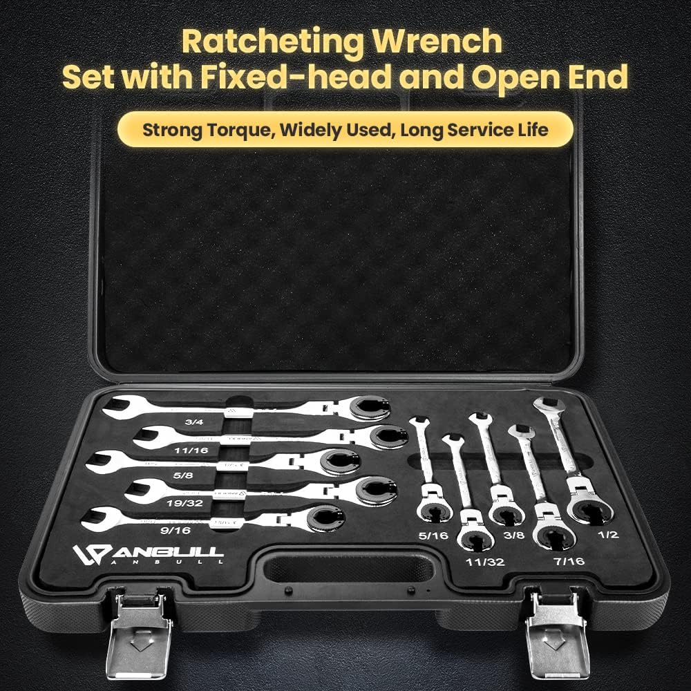Anbull 10-Piece SAE Ratcheting Wrench Set, 5/16' to 3/4', 180° Open Flex-Head, 72-Tooth Combination Wrenches, Cr-V Steel, Open End Design with Storage Box
