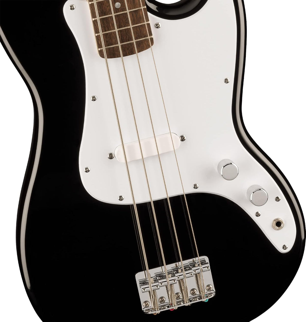 Fender Squier Sonic Bronco Bass Guitar, Laurel Fingerboard - Black Bundle with Tuner, Strap, and Austin Bazaar Guitar DVD