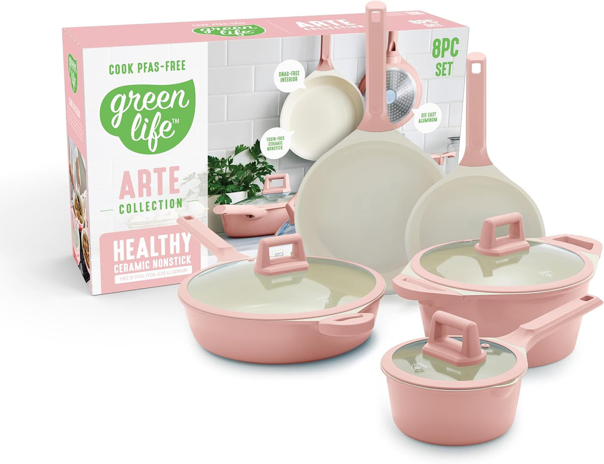 GreenLife 8 Piece Ceramic Nonstick Cookware Set, Induction Suitable Non Toxic PFAS-Free Pots & Pans, Dishwasher Safe, Cooking Set, Stock Pot, Saucepans & Frying Pans, Kitchen Cooking, Light Pink
