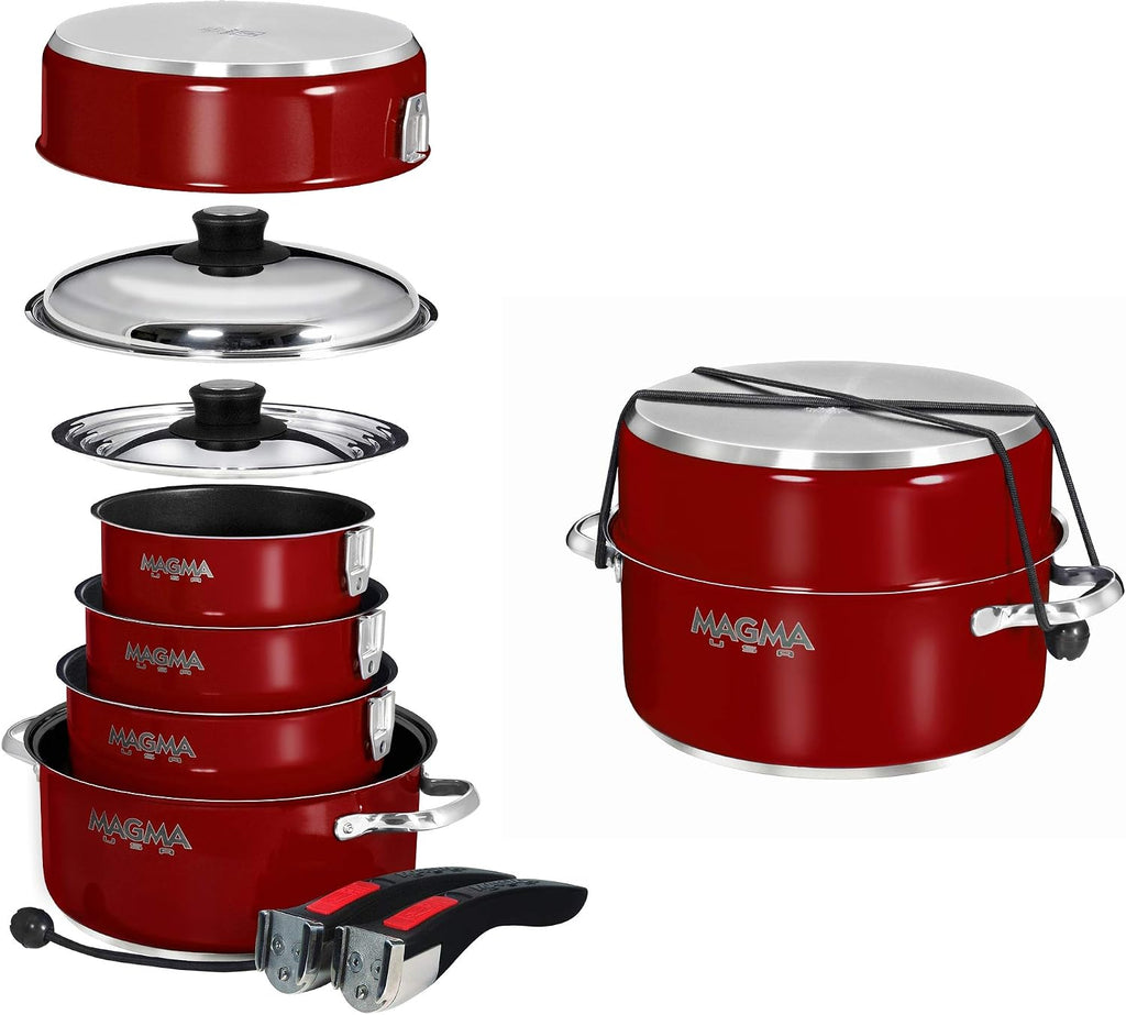 Magma 10 Piece Gourmet Nesting Stainless Steel Cookware Set with Ceramica Non-Stick, Induction Compatible, Oven Safe to 500°F - Suitable for All Stovetops, Removable Handles, Red