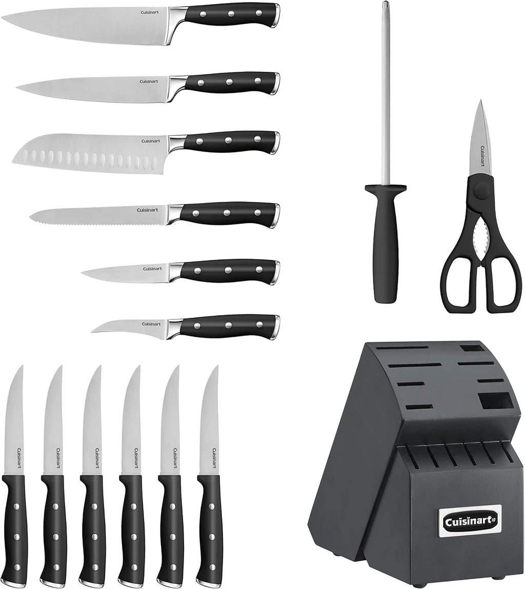 Cuisinart 15-Piece Knife Set with Block, High Carbon Stainless Steel, Forged Triple Rivet (Black/Black)