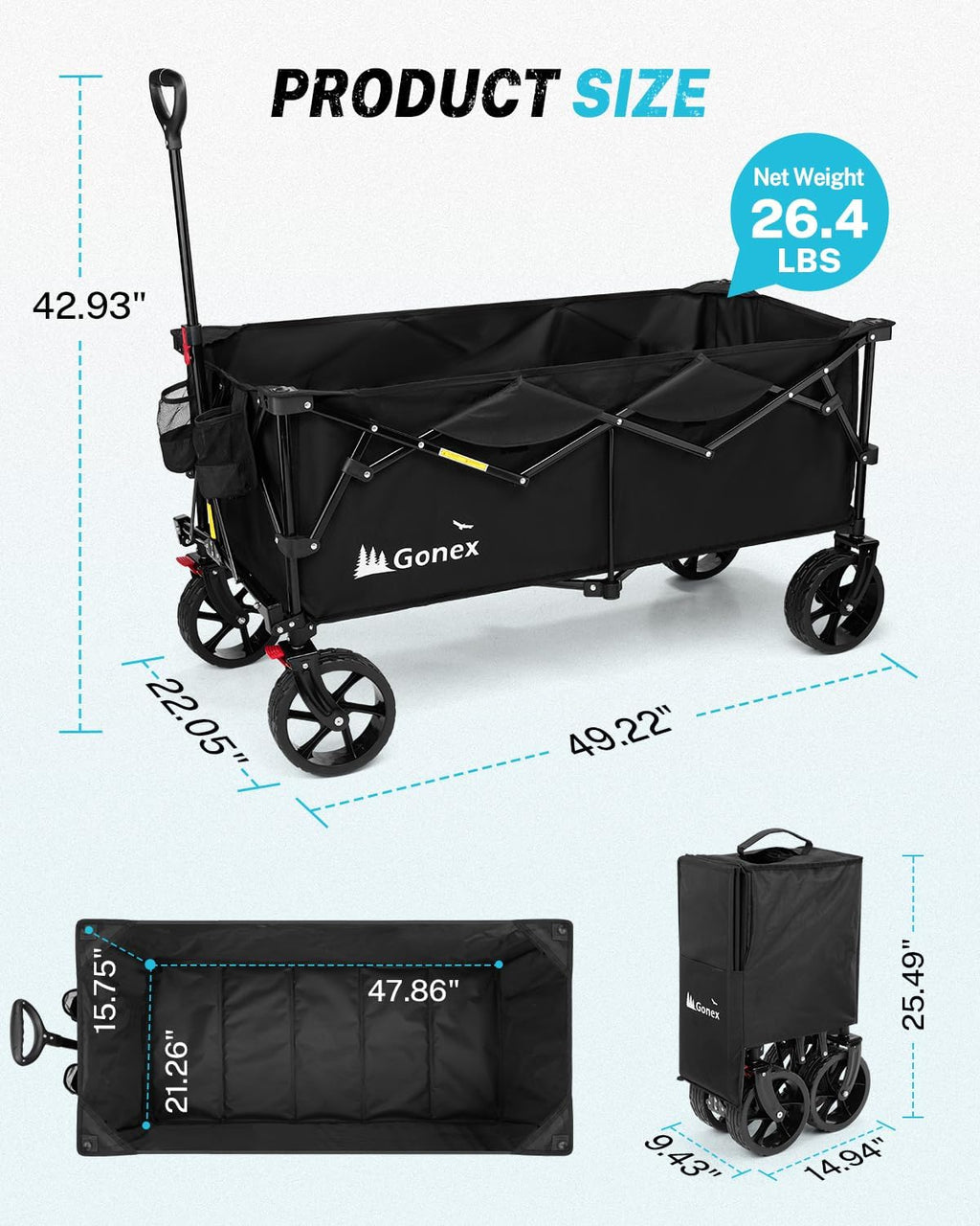 Gonex 48''L Collapsible Foldable Heavy Duty Oversized Wagon with 440lbs Weight Capacity, 300L Folding Large Utility Garden Grocery Shopping Cart with 8' H All-Terrain Wheels & 2 Drink Holders - Black