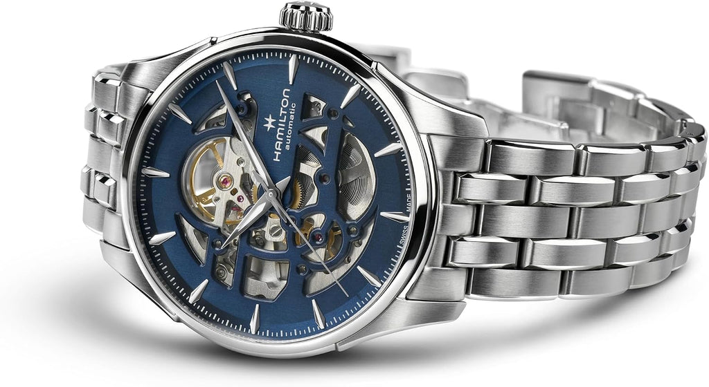 Hamilton Jazzmaster Skeleton Automatic Men's Watch, 40mm Stainless Steel Case, Swiss Made, Blue Dial Analog Wrist Watch, 50m Waterproof, Sapphire Crystal, 3-Hand Movement, Stainless Steel Strap