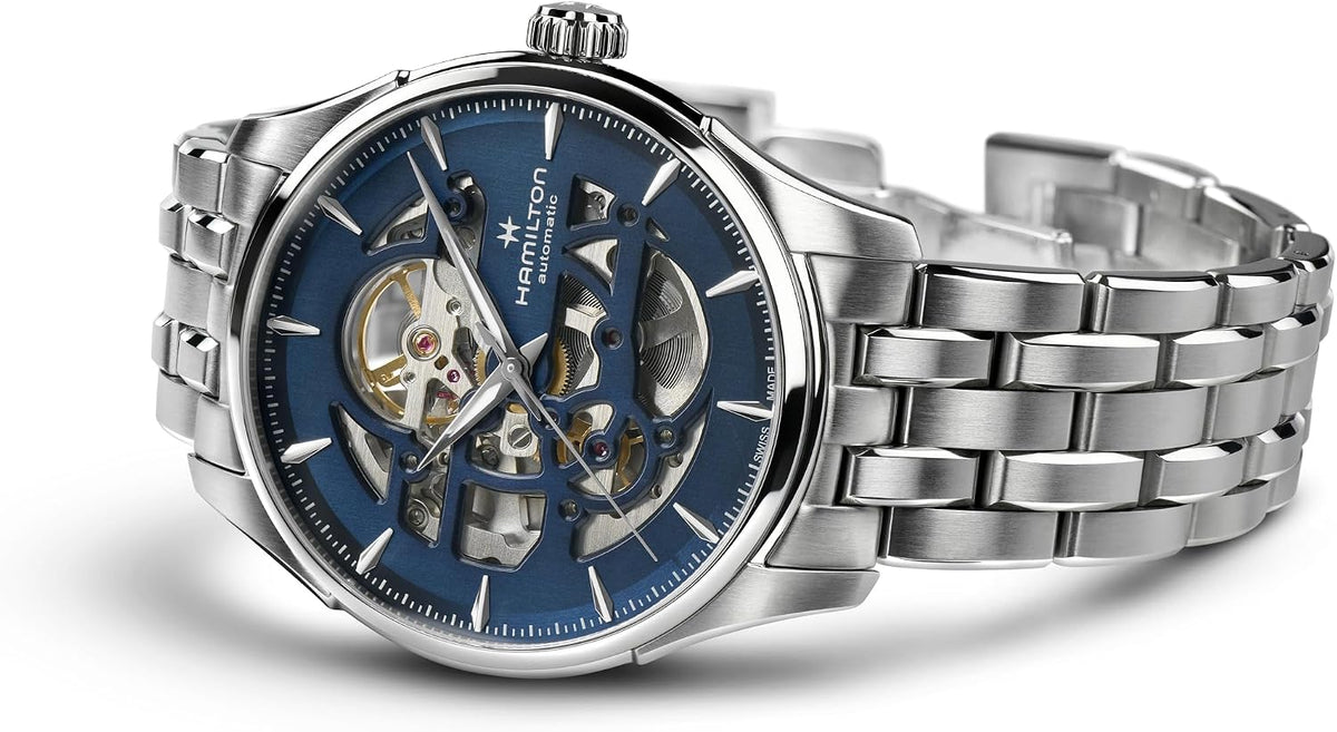 Hamilton Jazzmaster Skeleton Automatic Men's Watch, 40mm Stainless Steel Case, Swiss Made, Blue Dial Analog Wrist Watch, 50m Waterproof, Sapphire Crystal, 3-Hand Movement, Stainless Steel Strap