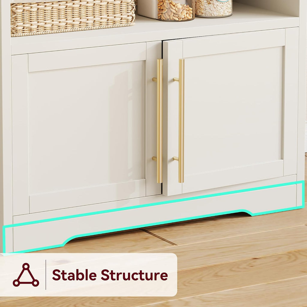 Bakers Rack with Storage Cabinet, Farmhouse Microwave Stand with Power Outlets, Small Kitchen Bakers Rack with Thick Table Top, Coffee Bar Station for Dining Room, White & Peer Wood
