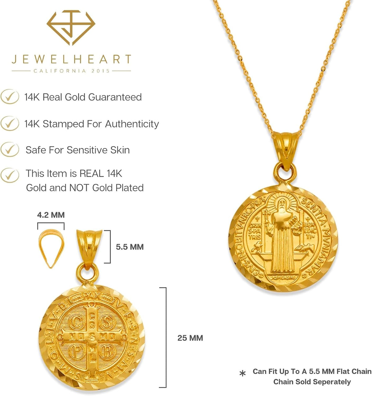 JEWELHEART 14K Real Gold Saint Benedict Medals 14mm 18mm 20mm 25mm Diamond Cut San Benito Pendant Charm For Men Women Religious Medallion Two Sided