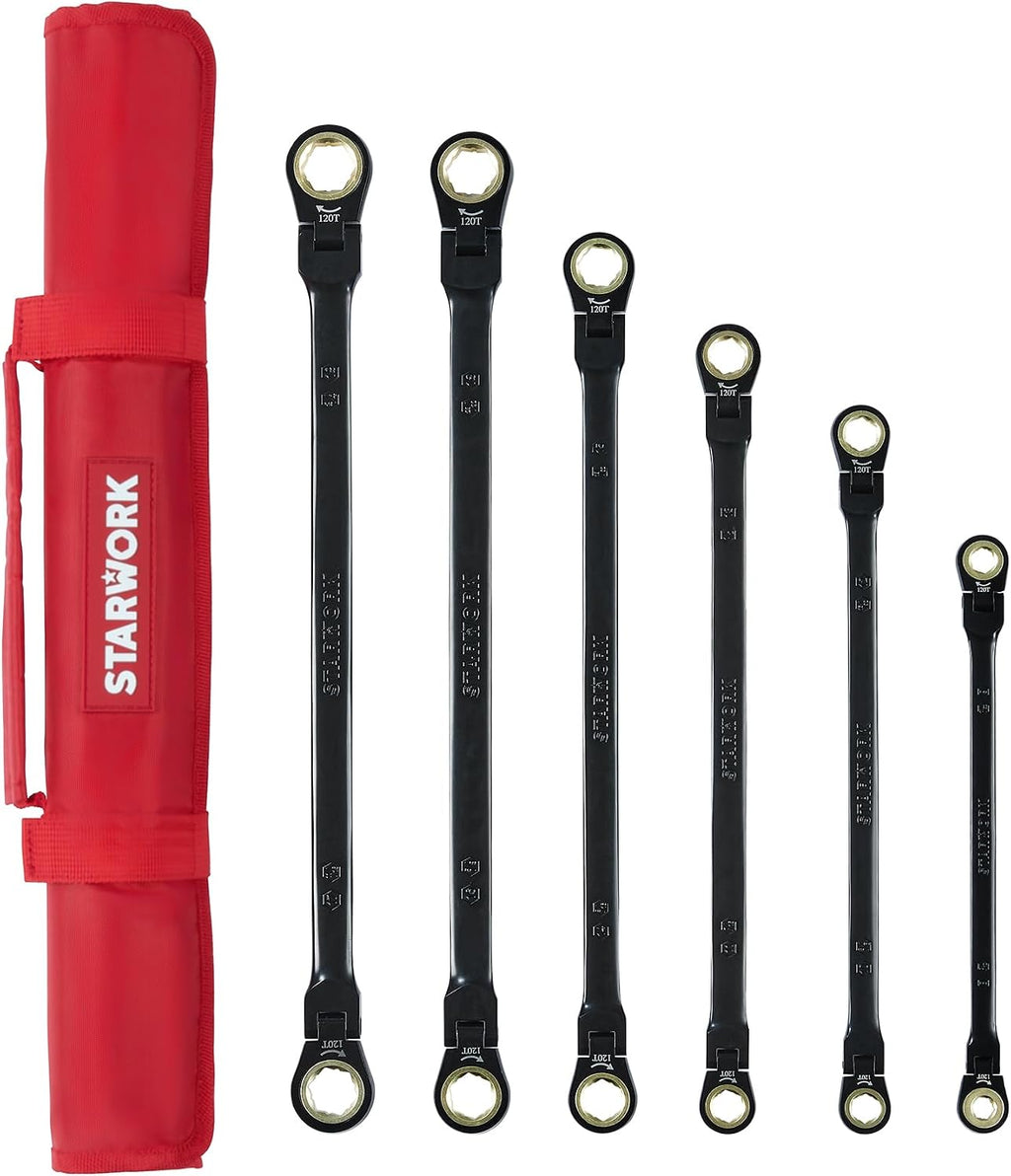 STARWORK TRUE MECHANIC™ 6-Piece 4-in-1 Extra Long Flex-Head Ratcheting Wrench Set with Rolling Pouch, Double Box End, 120-Tooth, SAE&Metric