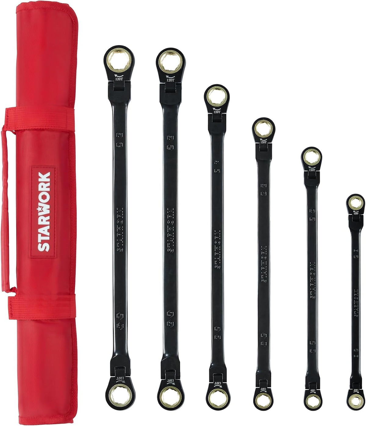 STARWORK TRUE MECHANIC™ 6-Piece 4-in-1 Extra Long Flex-Head Ratcheting Wrench Set with Rolling Pouch, Double Box End, 120-Tooth, SAE&Metric