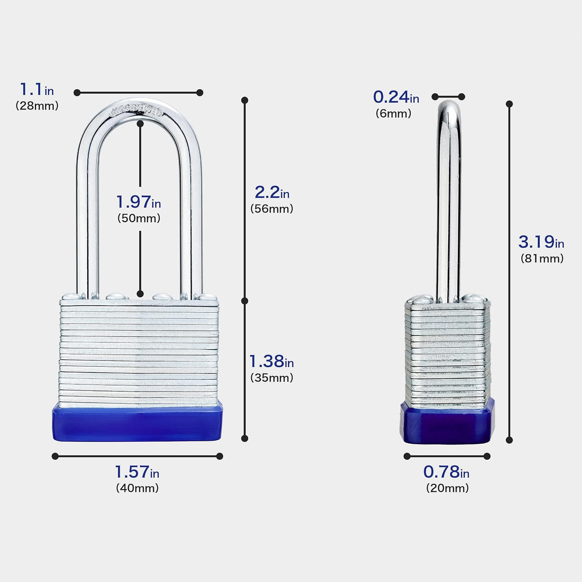 Lock Outdoor Padlocks, Laminated keyed Padlock, 1-9/16 in Wide Body, Padlock Set with Keys, Long Shackle (60Pack)