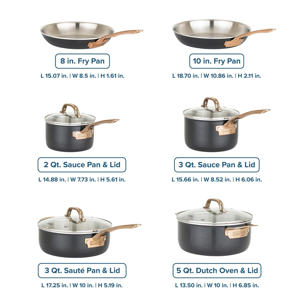 Viking 3-Ply Cookware Set, 10 Piece Stainless Steel Kitchen Cookware with Glass Lids, Oven Safe, Induction Ready, Black with Copper