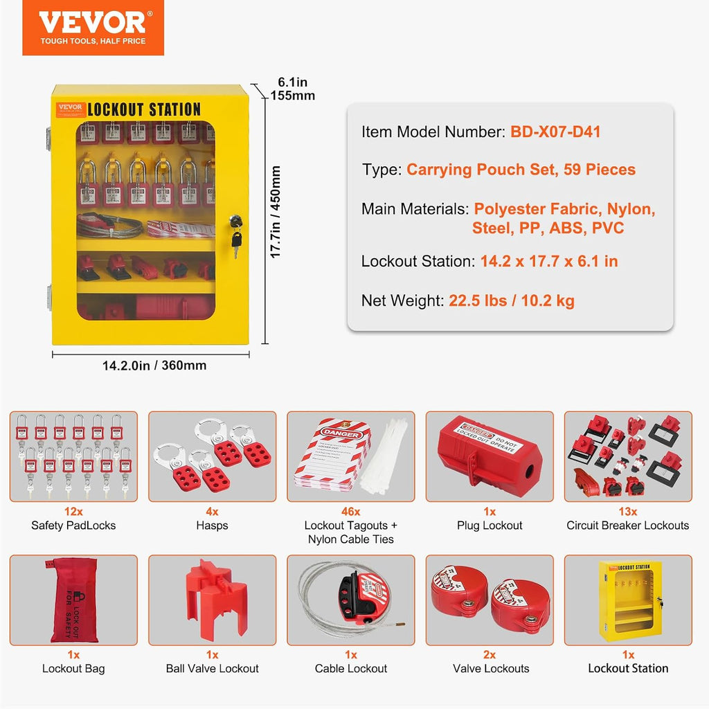 VEVOR Electrical Lockout Tagout Kit, 59 PCS Safety Lockout Tagout Station with Padlocks, Hasps, Tags, Ties, Plug Lockout, Circuit Breaker Lockouts, Valve Lockouts, Cable Lockout, Lockout Bag, Box