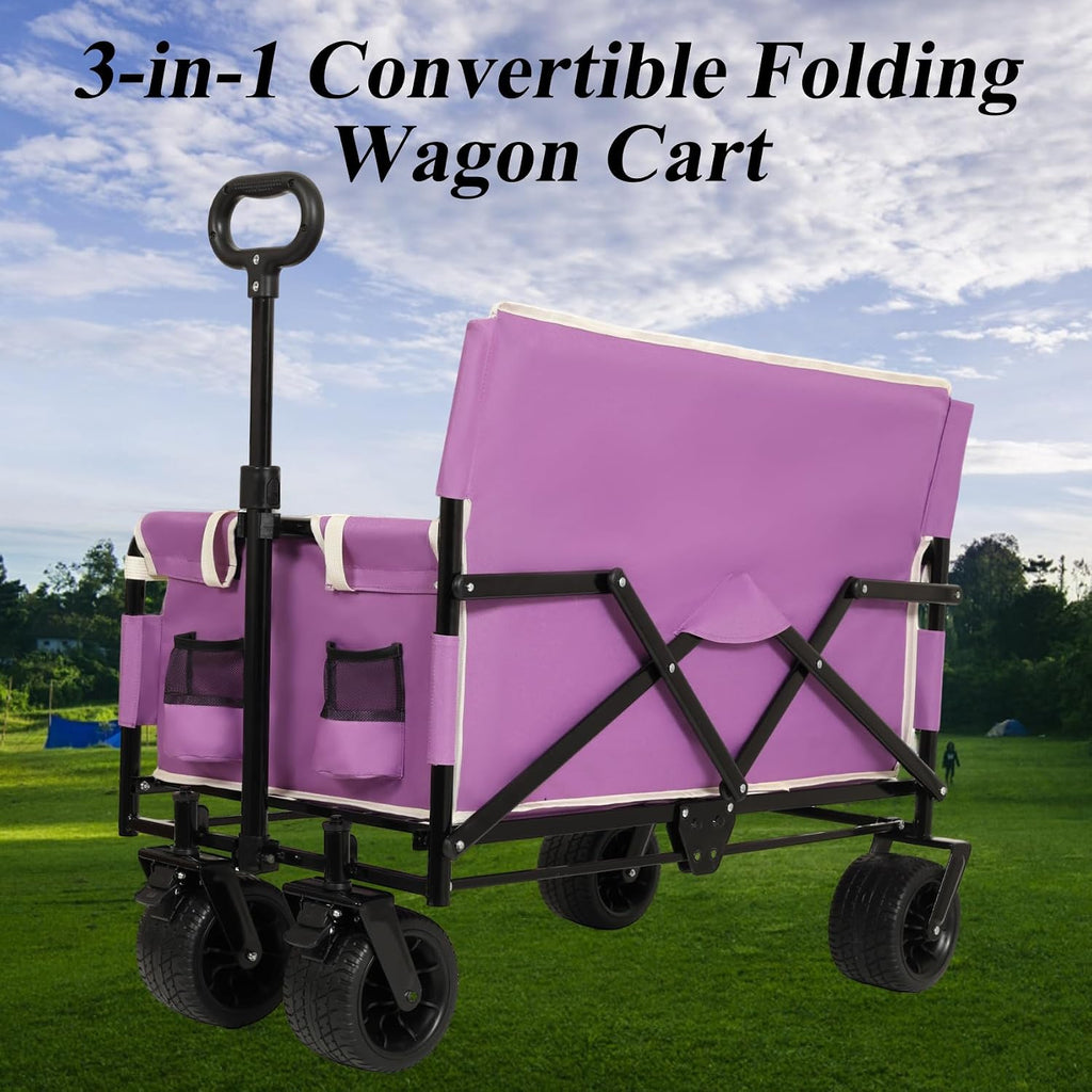 3-in-1 Convertible Folding Wagon Cart with Bench Seat & Storage - 500lbs Heavy-Duty Utility Wagon, 180L Capacity All-Terrain Wheels for Camping, Beach, Sports, Garden (Purple)