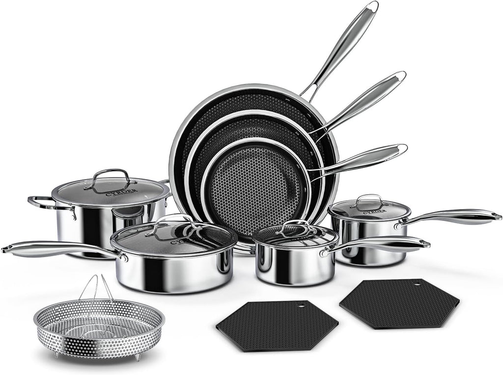 Nonstick Pots and Pans Set, 14 Piece Hybrid Hex Stainless Steel Cookware Set for Everyday Cooking, Includes Frying Pans, Saute Pan, Saucepans&Pot, Induction Compatible, Dishwasher&Oven Safe, PFOA Free