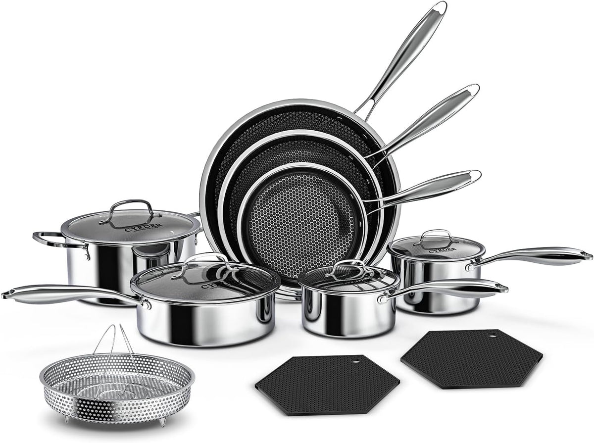 Nonstick Pots and Pans Set, 14 Piece Hybrid Hex Stainless Steel Cookware Set for Everyday Cooking, Includes Frying Pans, Saute Pan, Saucepans&Pot, Induction Compatible, Dishwasher&Oven Safe, PFOA Free