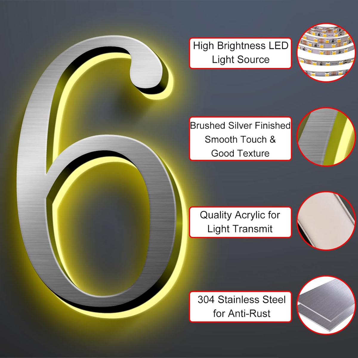 Lighted House Numbers For Outside, Backlit LED Address Numbers For House, Stainless Steel Illuminated Address Number, Waterproof, And Weather Resistant,14 Inch/350mm,6