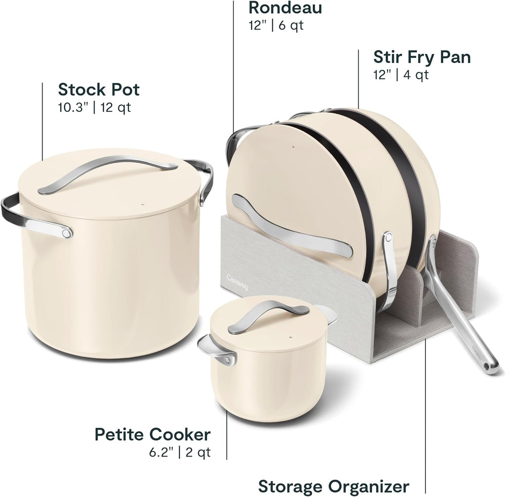 Caraway Cookware+ Collection - Specialty Cookware Set - Petite Cooker, Stir Fry Pan, Rondeau, & Stock Pot - 3 Lids & Storage Organizer Included - Cream