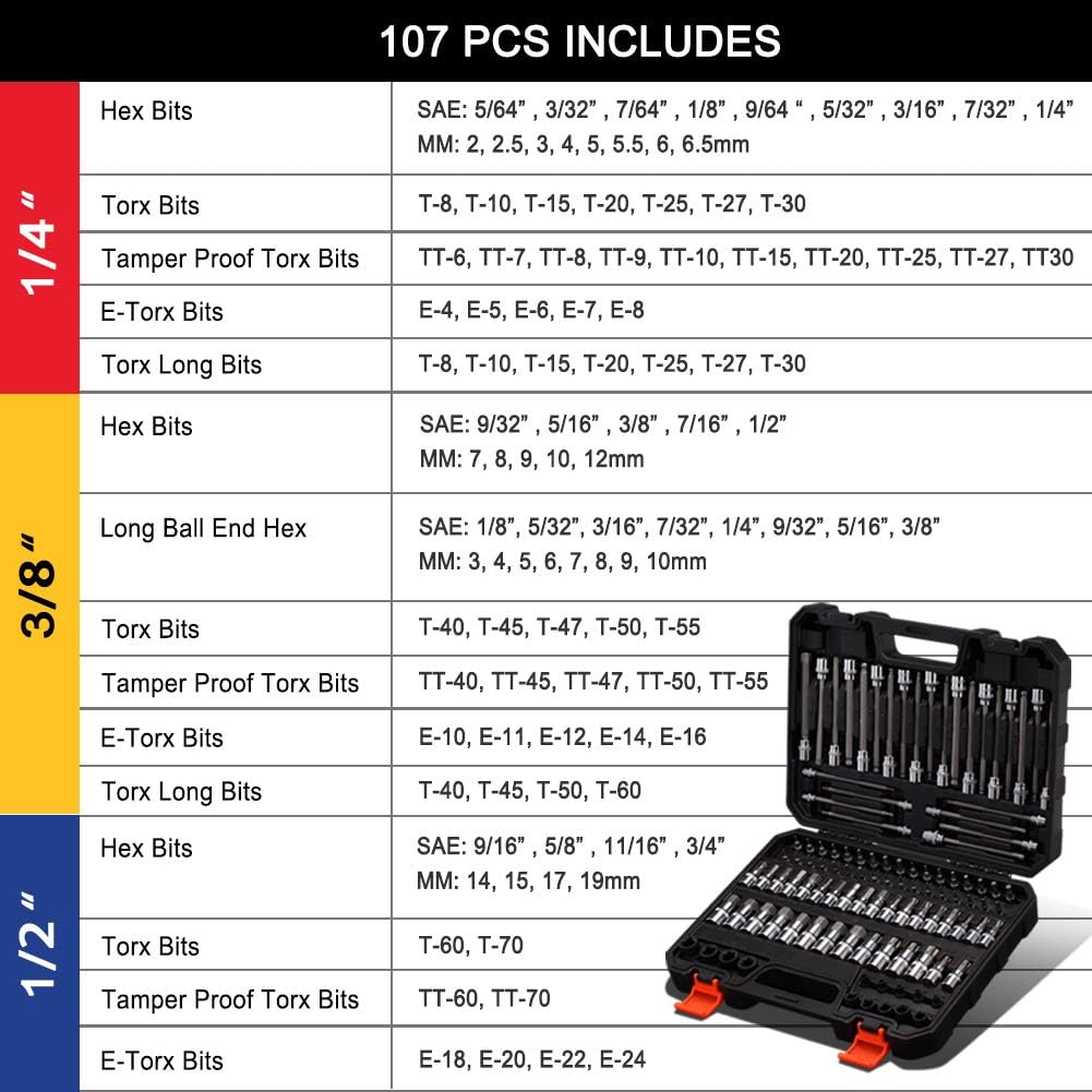 107-Piece Allen and Torx Bit Socket Set, 1/4', 3/8' and 1/2' Drive Hex/Ball End Hex/Extra Long Tamper Proof Torx SAE & Metric Bit Set