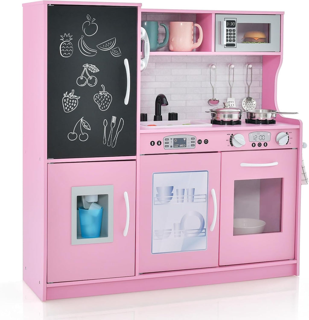 MAT EXPERT Kids Kitchen Playset, Wooden Chef Pretend Toy Kitchen w/Chalkboard, Ice Maker, Cookware Accessories, Telephone, Oven, Microwave, Play Kitchen for Toddlers, Gift for Boys Girls 3+ (Pink)