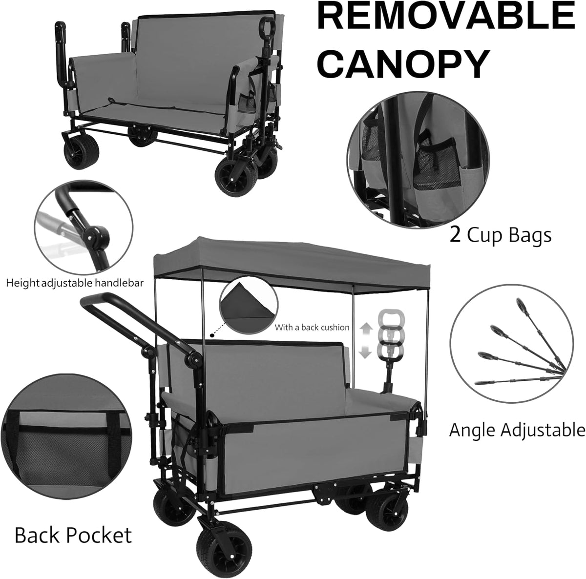ZeHuoGe 3-in-1 Folding Wagon Cart with Bench Seat & Canopy & Storage, 500lbs Heavy-Duty, 180L Capacity, All-Terrain Wagon for Camping, Beach, Sports, & Garden (Gray+Black Frame)