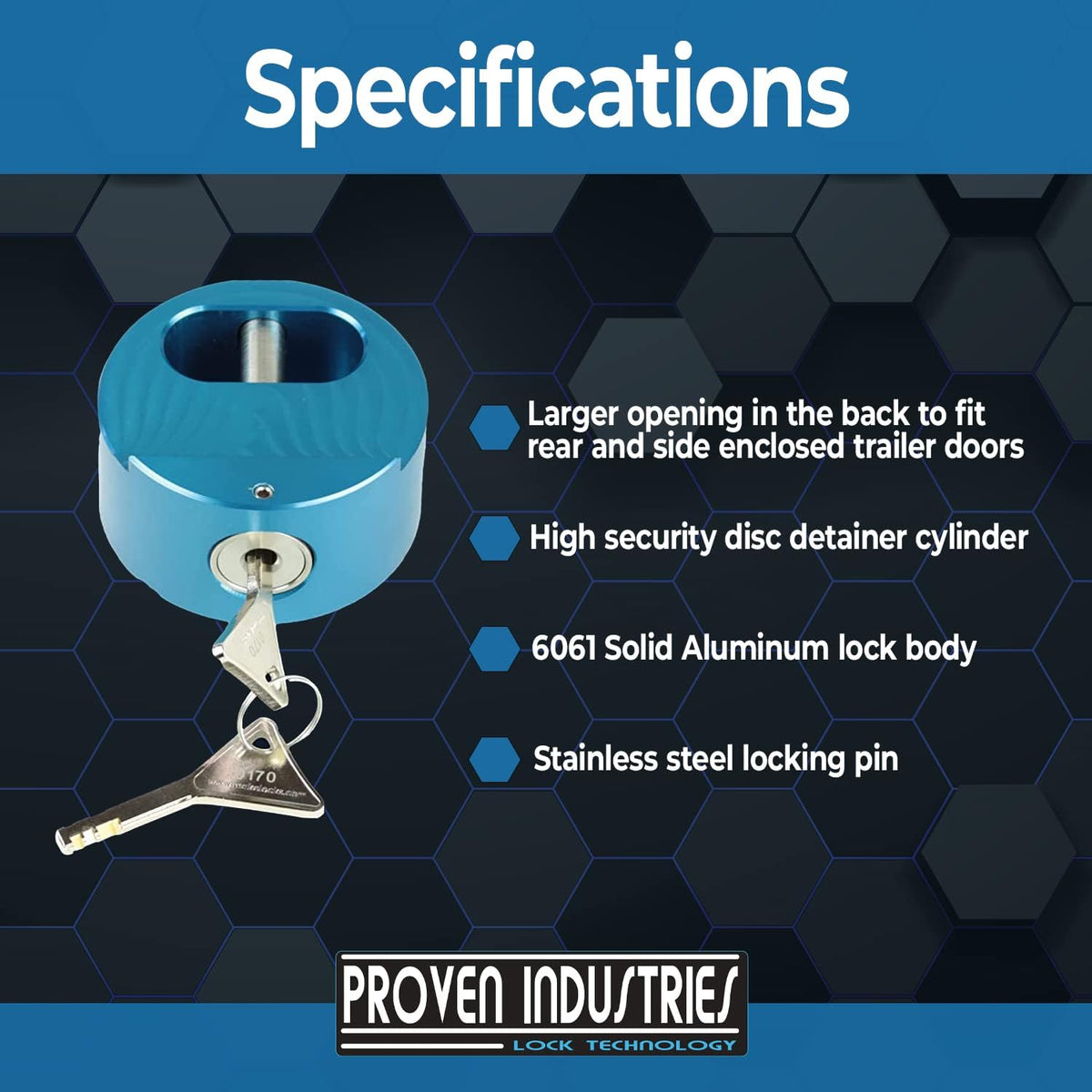 Proven Industries Puck Lock Set, Model 400XL, 2-Pack, Hidden Shackle, Keyed Alike, 6061 Solid Aluminum, Shackle Opening 1 3/4 x 1 3/4 x 7/8 in, Depth 1 1/4 in, Made in USA, Blue