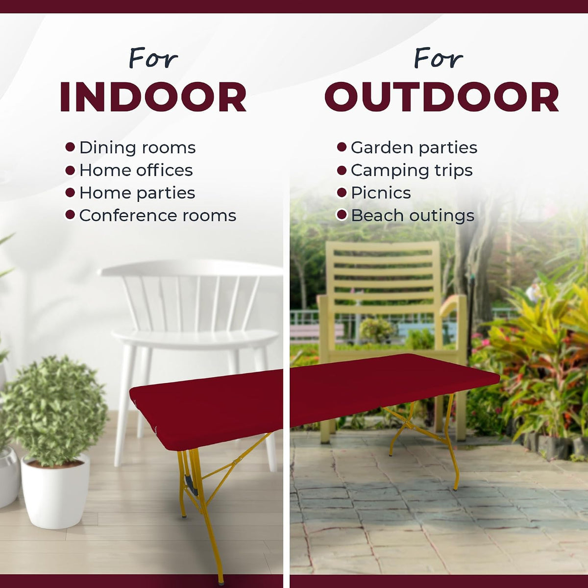 Creative Outdoor Folding Table and Chairs, 6 Ft, Built-in Wheels, Portable Durable Plastic (Dark Red & Gold)