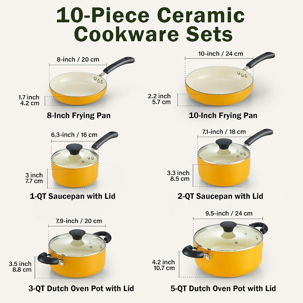 Cook N Home Basics Ceramic Nonstick Pots and Pans Cookware Set, Dutch Ovens and Saucepans with Glass Lid, Frying Pans without Lid, Not Induction, 10-Piece, Yellow
