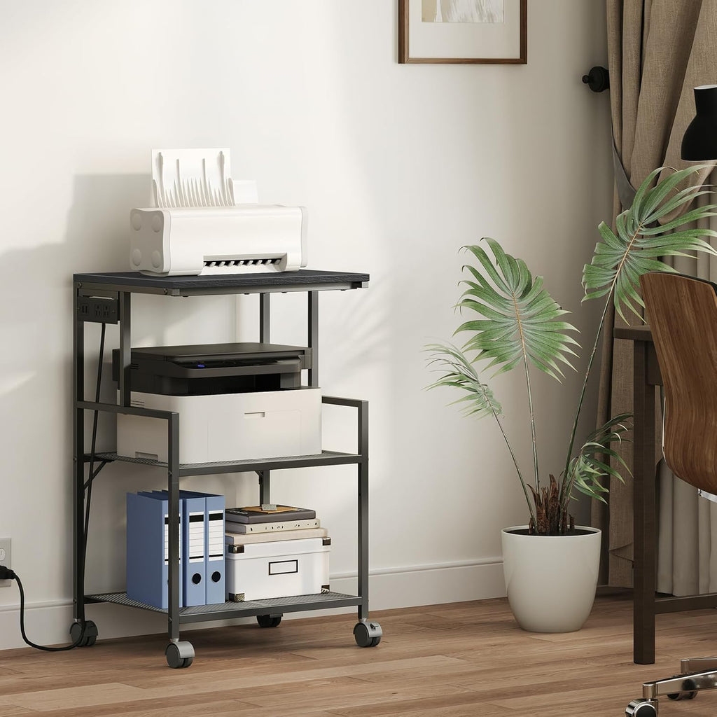 MAHANCRIS Mobile Printer Stand and Guitar Stand Bundle, 3-Tier Industrial Printer Cart with Power Outlets, with Guitar Accessory Holder, EVA Cover, for Home Studio, PTHB78E01-GSHB8701