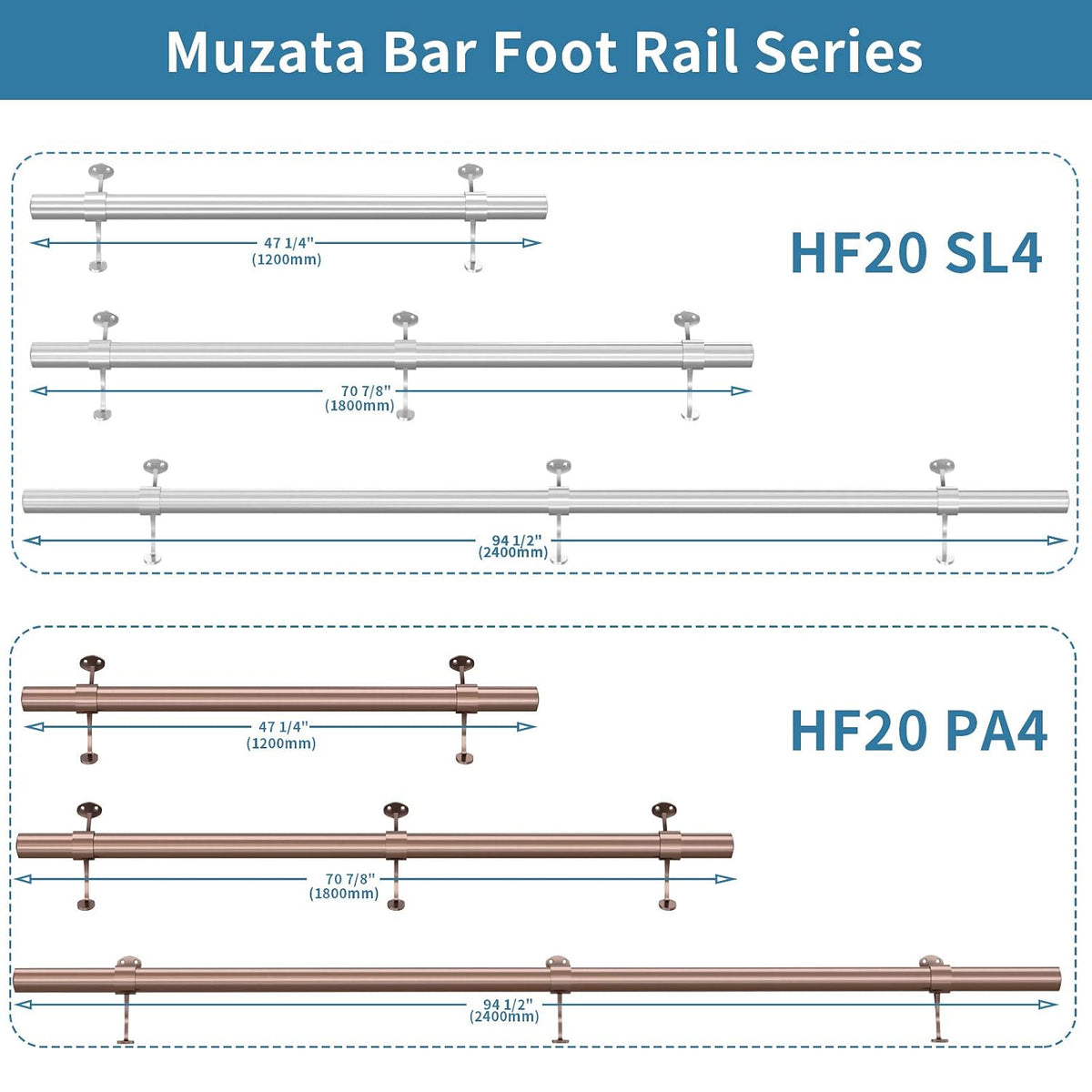 Muzata 8ft Bar Foot Rail Kit Undercounter Mount Hardware and Tubing Complete Kit 2'' OD Stainless Steel Brushed Finish for Indoor and Outdoor HF20 SL4