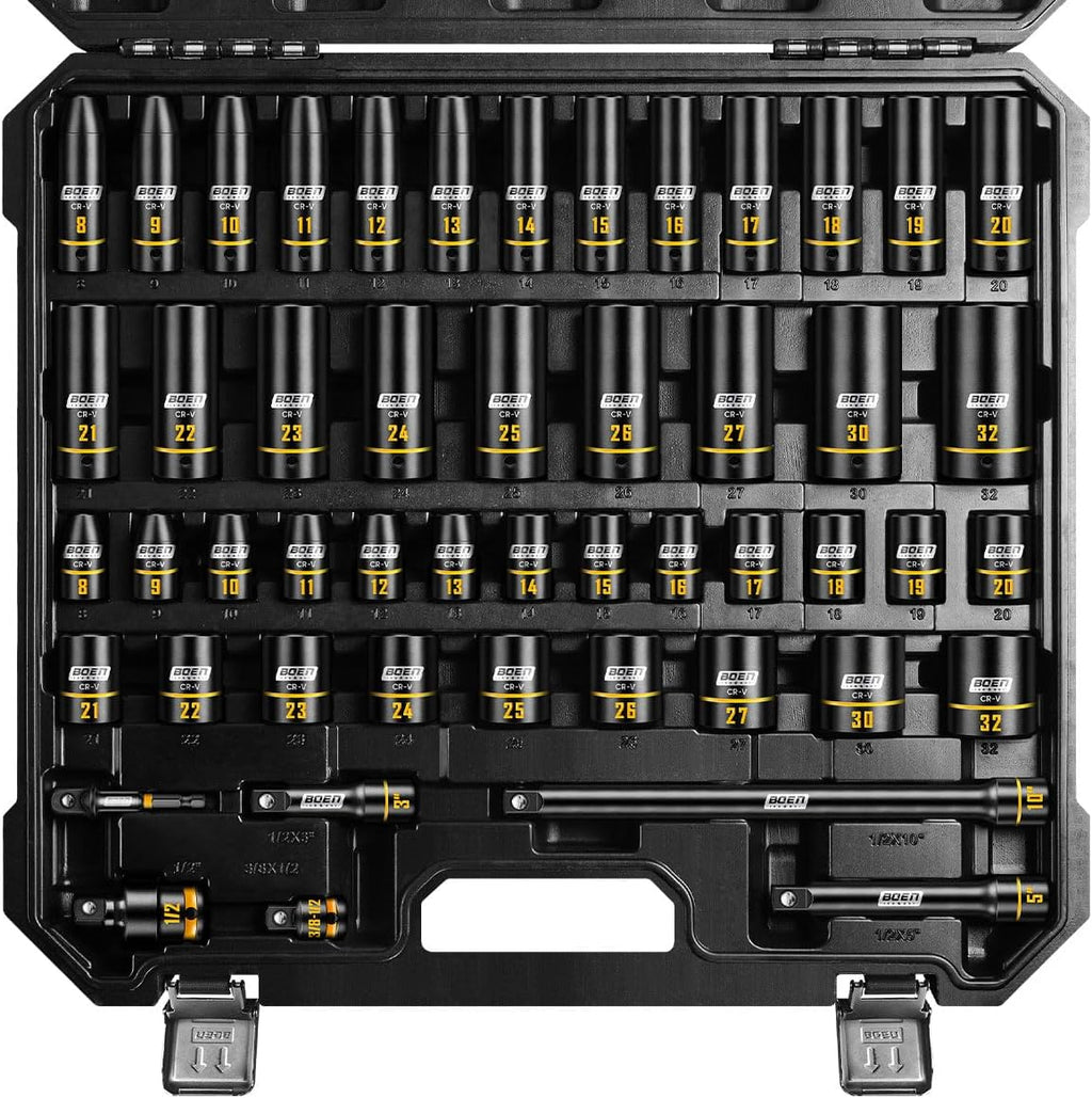 BOEN 1/2' Drive Impact Socket Set, 50-Piece Metric (8-32mm) Deep & Standard Sockets with Paint-Filled Markings, Includes Extensions, Adapter & Universal Joint