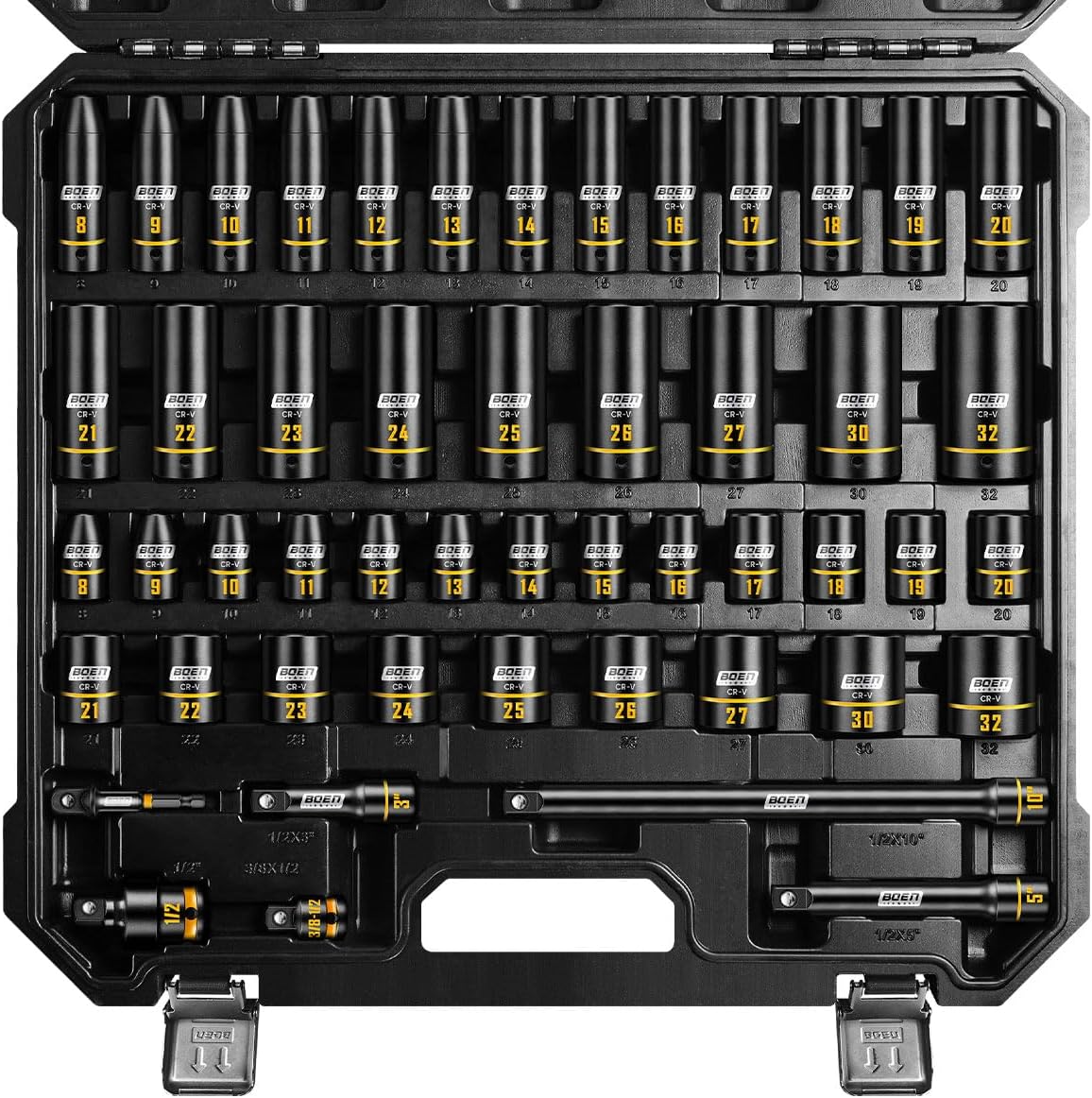 BOEN 1/2' Drive Impact Socket Set, 50-Piece Metric (8-32mm) Deep & Standard Sockets with Paint-Filled Markings, Includes Extensions, Adapter & Universal Joint