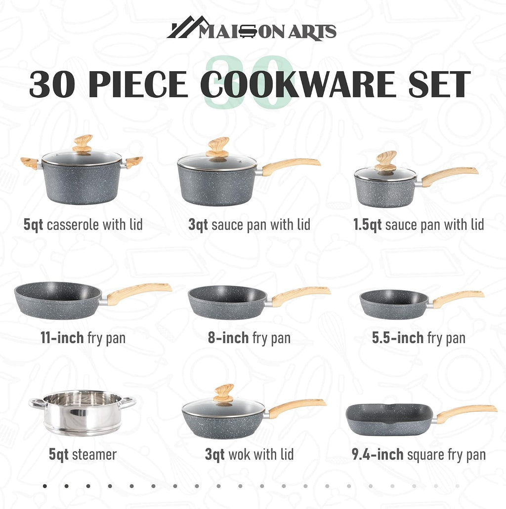 MAISON ARTS Pots and Pans Set Non Stick, 30 Piece Granite Kitchen Cookware Sets, Healthy Non Toxic Pans Set for Cooking Nonstick, PFOA&PFOS Free, Grey