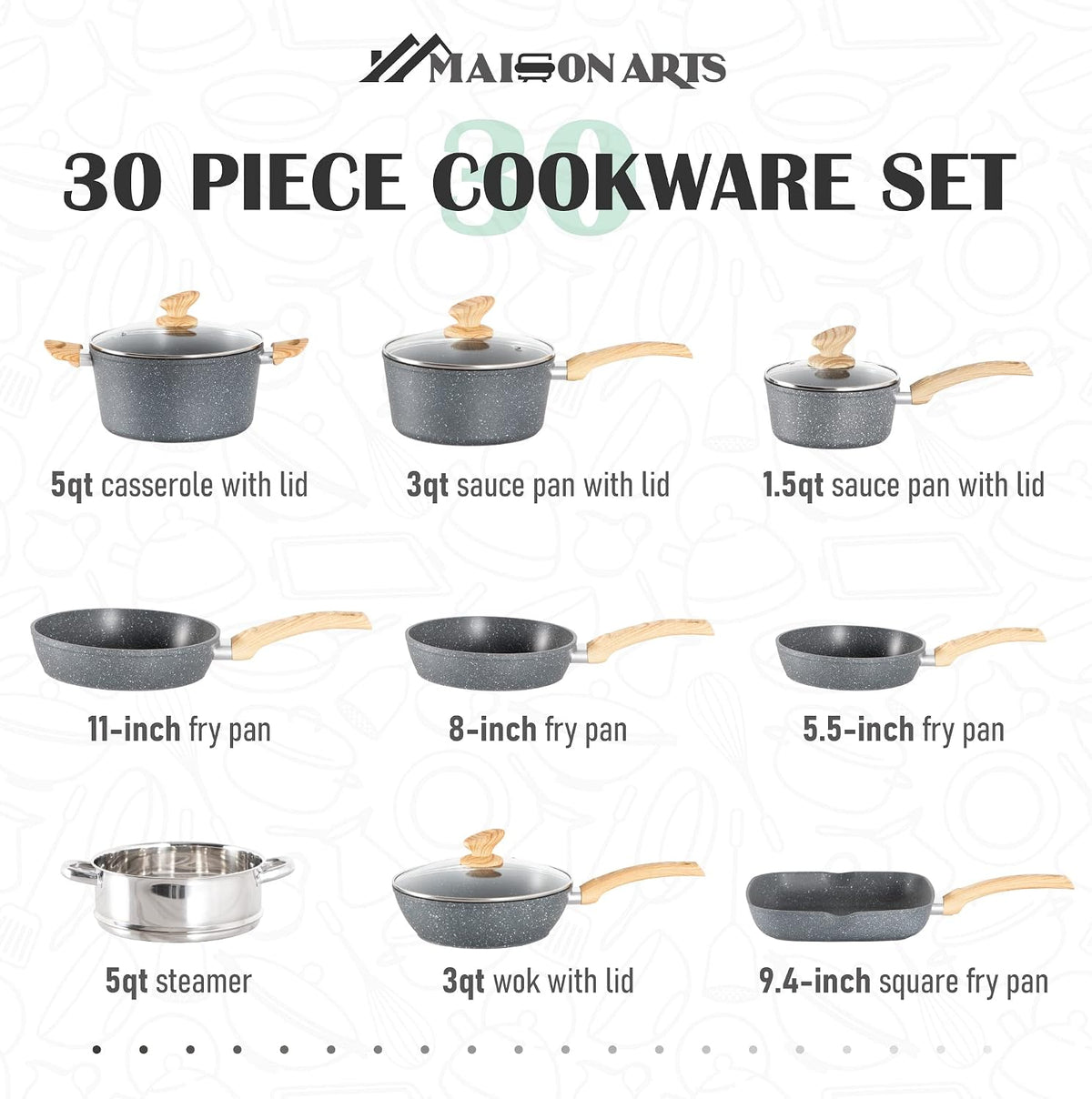 MAISON ARTS Pots and Pans Set Non Stick, 30 Piece Granite Kitchen Cookware Sets, Healthy Non Toxic Pans Set for Cooking Nonstick, PFOA&PFOS Free, Grey