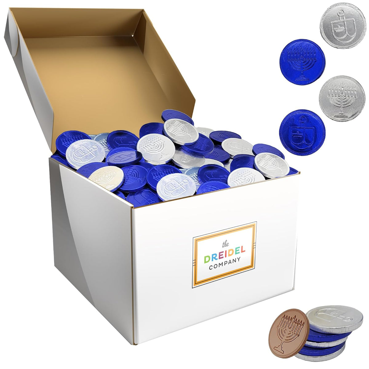 The Dreidel Company 1000-Pack Milk Chocolate Coins, Hanukkah Gelt, Blue And Silver Coins,With Dreidel and Menorah Designs Made with Premium Belgian Chocolate, Nut-Free, Gluten-Free, Non-GMO, Kosher Certified Dairy