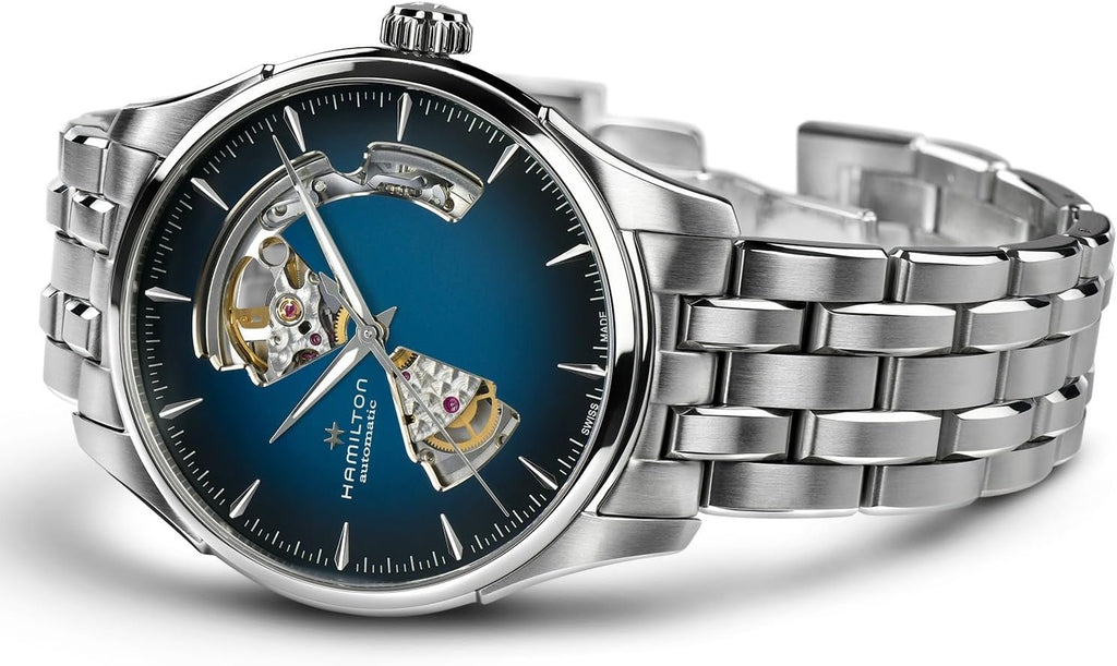 Hamilton Jazzmaster Open Heart Automatic Men's Watch, 40mm Stainless Steel Case, Swiss Made, Blue Dial Analog Wrist Watch, 50m Waterproof, Sapphire Crystal, 3-Hand Movement, Stainless Steel Strap