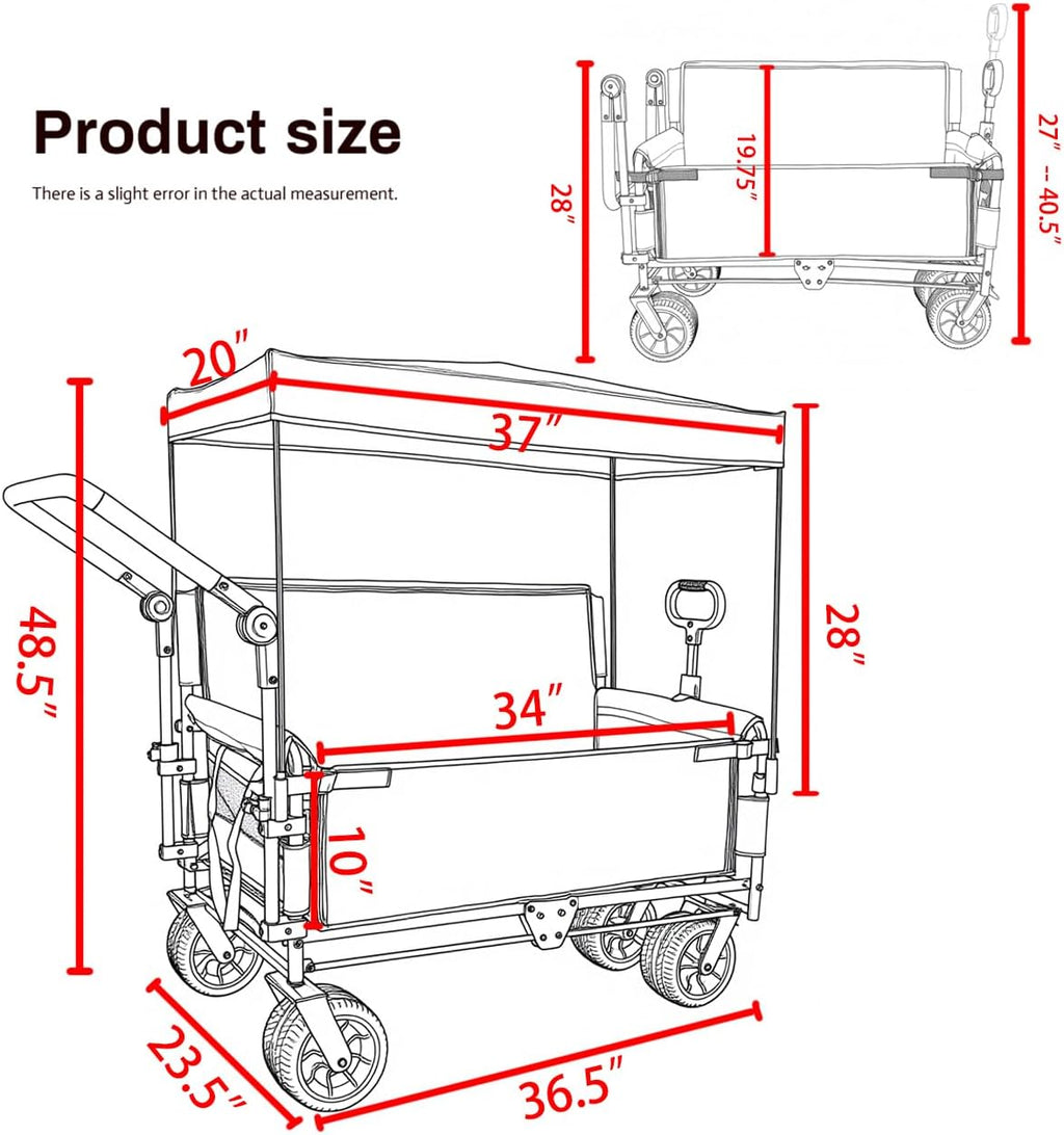 ZeHuoGe 3-in-1 Folding Wagon Cart with Bench Seat & Canopy & Storage, 500lbs Heavy-Duty, 180L Capacity, All-Terrain Wagon for Camping, Beach, Sports, & Garden (Gray+Black Frame)