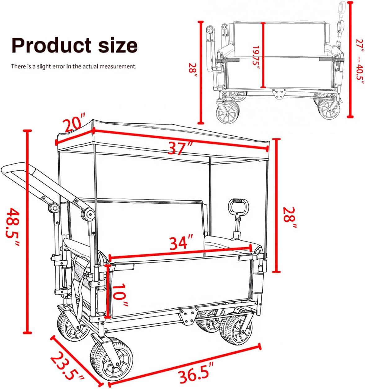 3-in-1 Heavy-Duty Folding Wagon Cart with Adjustable Canopy & Bench Seat – 500lbs Capacity, All-Terrain Utility Cart for Camping, Beach, Sports, Garden Storage (Gray)