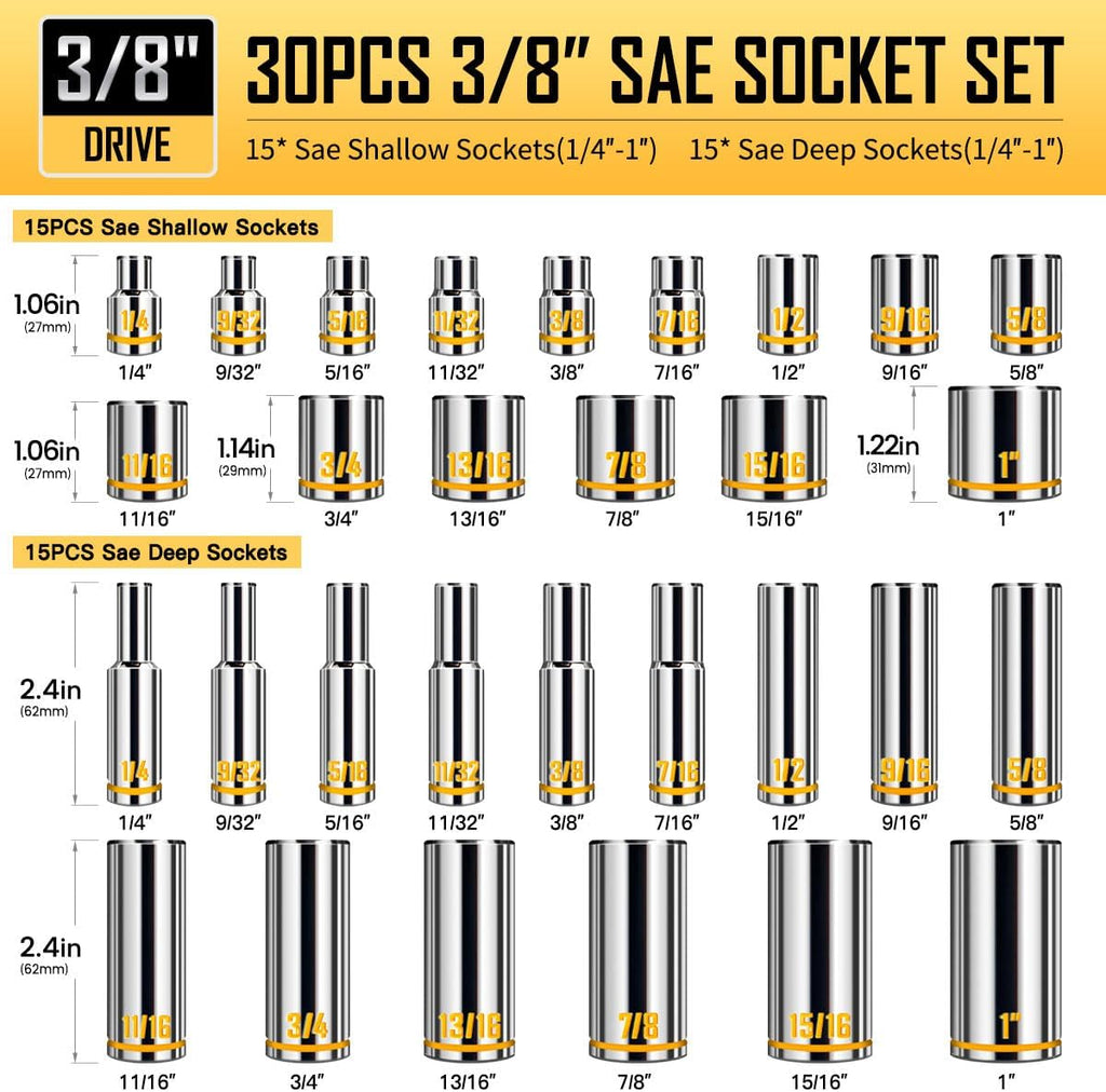 BOEN 3/8-Inch Drive Socket Wrench Set, 76-Piece Metric (6-24mm) & SAE (1/4' to 1'), Deep & Shallow Kit with Embossed & Painted Markings, Ratchet Handle, Spark Plug Sockets, Breaker Bar