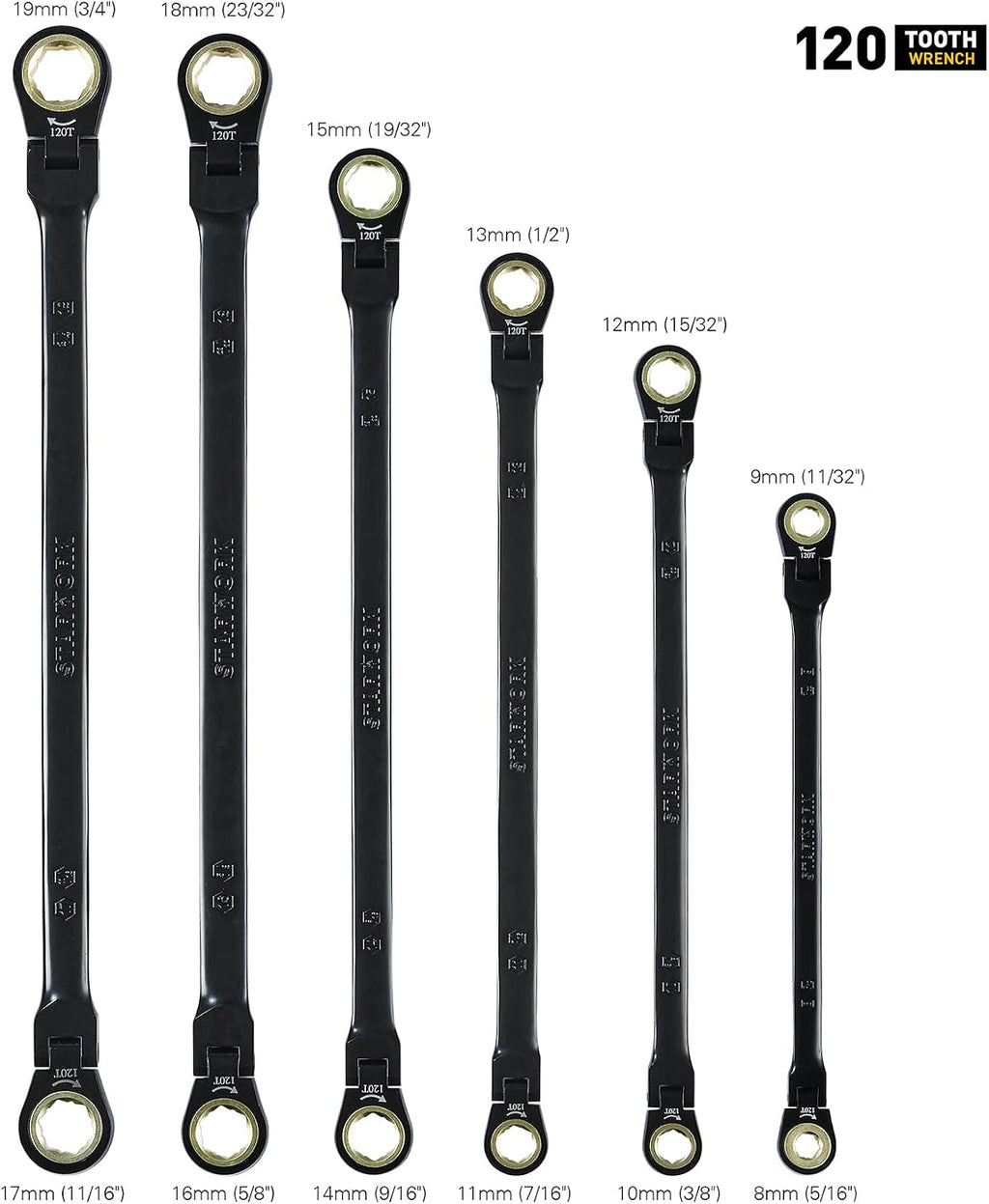 STARWORK TRUE MECHANIC™ 6-Piece 4-in-1 Extra Long Flex-Head Ratcheting Wrench Set with Rolling Pouch, Double Box End, 120-Tooth, SAE&Metric