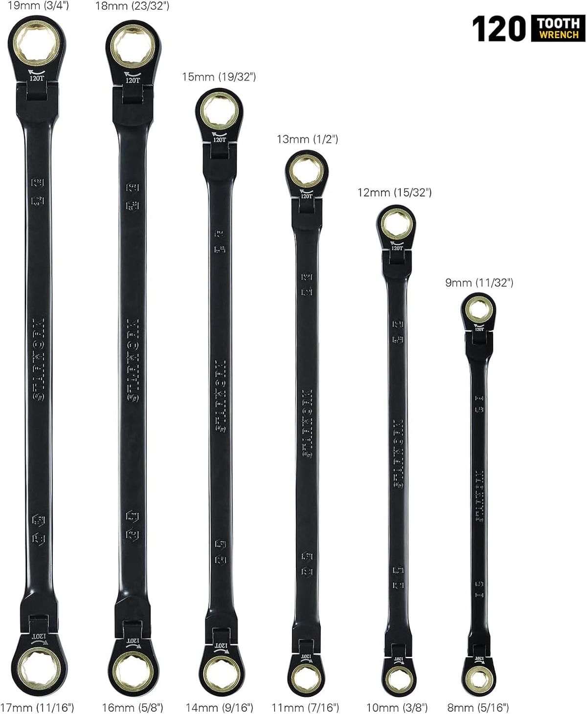 STARWORK TRUE MECHANIC™ 6-Piece 4-in-1 Extra Long Flex-Head Ratcheting Wrench Set with Rolling Pouch, Double Box End, 120-Tooth, SAE&Metric
