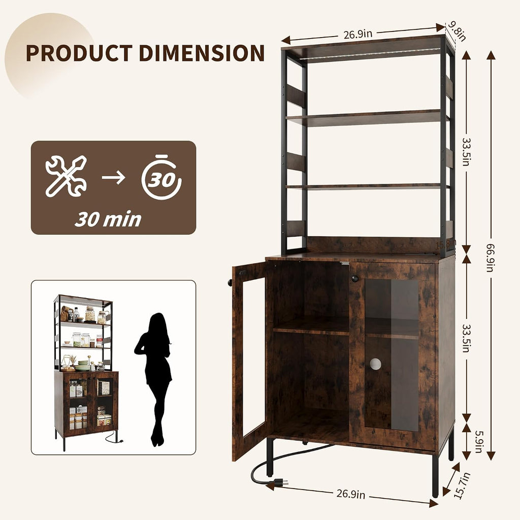 IDEALHOUSE 67' Tall Wine Bar Cabinet for Liquor and Glasses,Farmhosue Coffee Bar Cabinet,Pantry Storage with RGB LED Lights,Power Outlet,Adjustable Shelves,for Home,Dining Room,Kitchen(Brown)