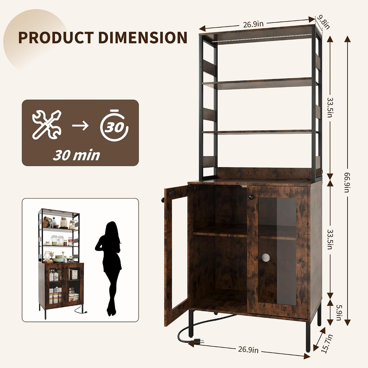 IDEALHOUSE 67' Tall Wine Bar Cabinet for Liquor and Glasses,Farmhosue Coffee Bar Cabinet,Pantry Storage with RGB LED Lights,Power Outlet,Adjustable Shelves,for Home,Dining Room,Kitchen(Brown)