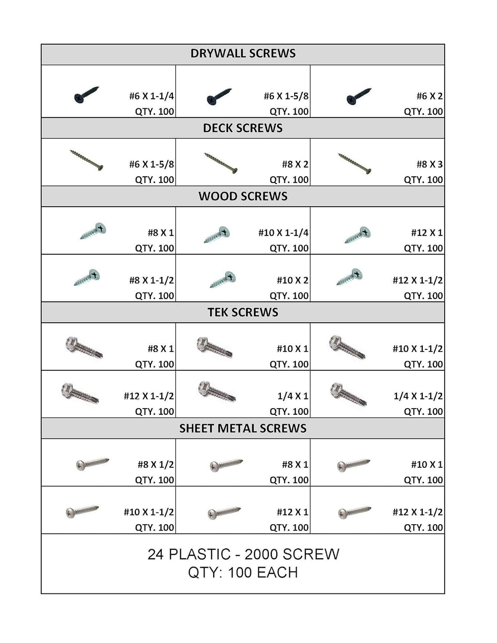 2000 Piece Screw Assortment with 24 Plastic Bins (Deck, Drywall, and Wood Screws)