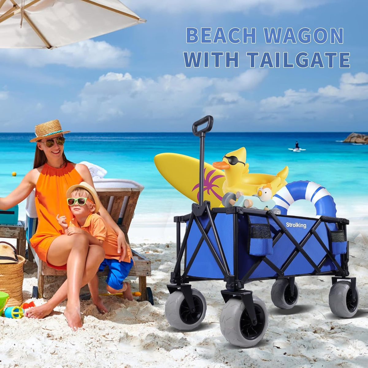 51' L Beach Wagon with 9' Sand Wheels,260L Collapsible Beach Cart with Rear Tailgate,Heavy Duty Wagon for Sand, Camping, Fishing and Sport,Blue