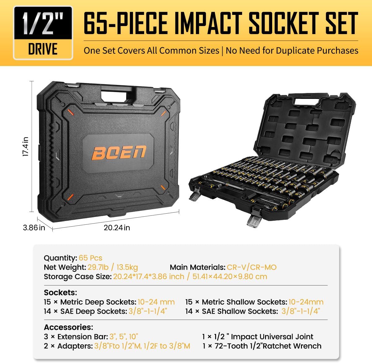 BOEN 1/2' Drive Impact Socket Set, 65-Piece Standard SAE (3/8' to 1-1/4') & Metric (10mm-24mm) Deep & Shallow Socket with Paint-Filled Markings, Includes Extensions, Ratchet, Adapter & Universal Joint