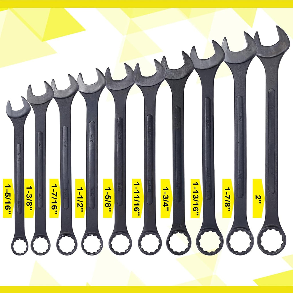 10-piece Jumbo Wrench Set, 1-5/16'' to 2'' Large Combination Wrench Set, SAE, Black Oxide Finish with Pouch